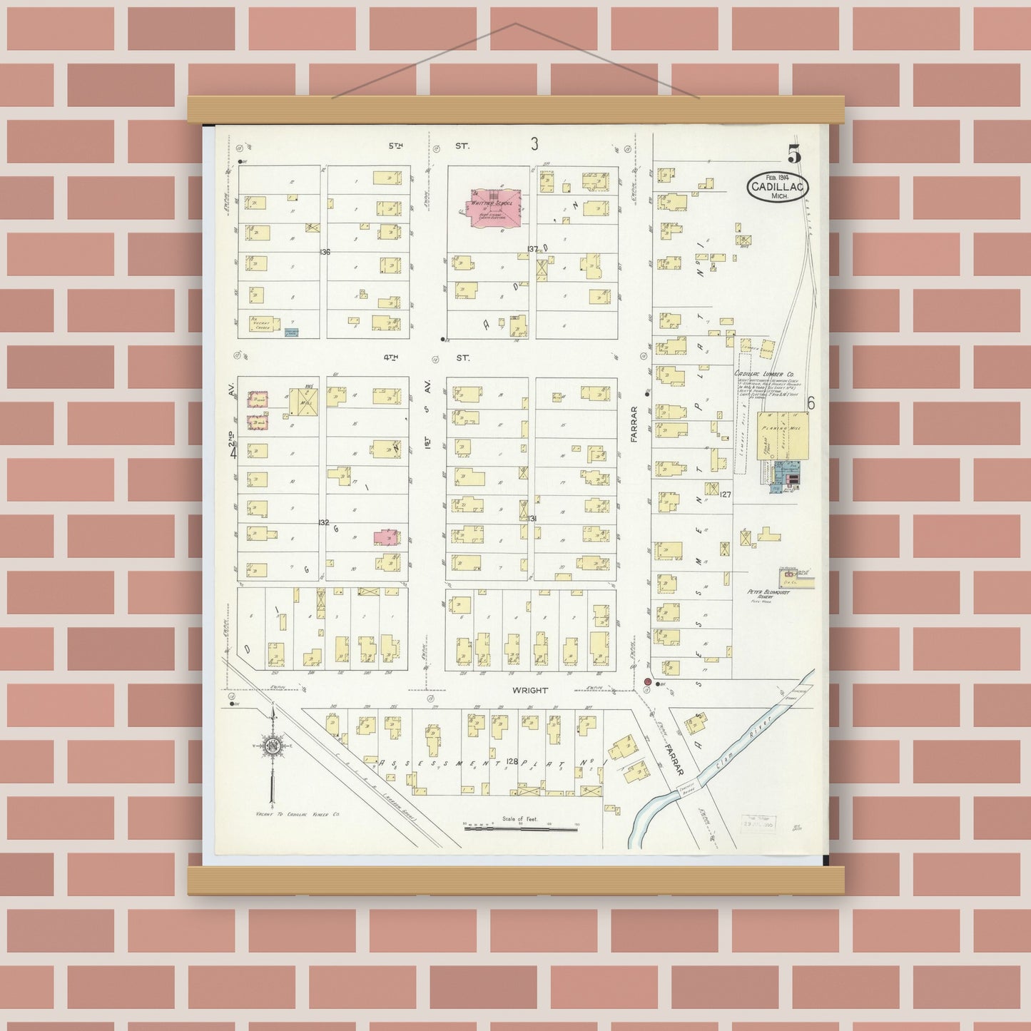 Old map wall art mockup — magnetic wood frame on brick wall — Sanborn Fire Insurance Map from Cadillac, Wexford County, Michigan (1914), Sheet #0005