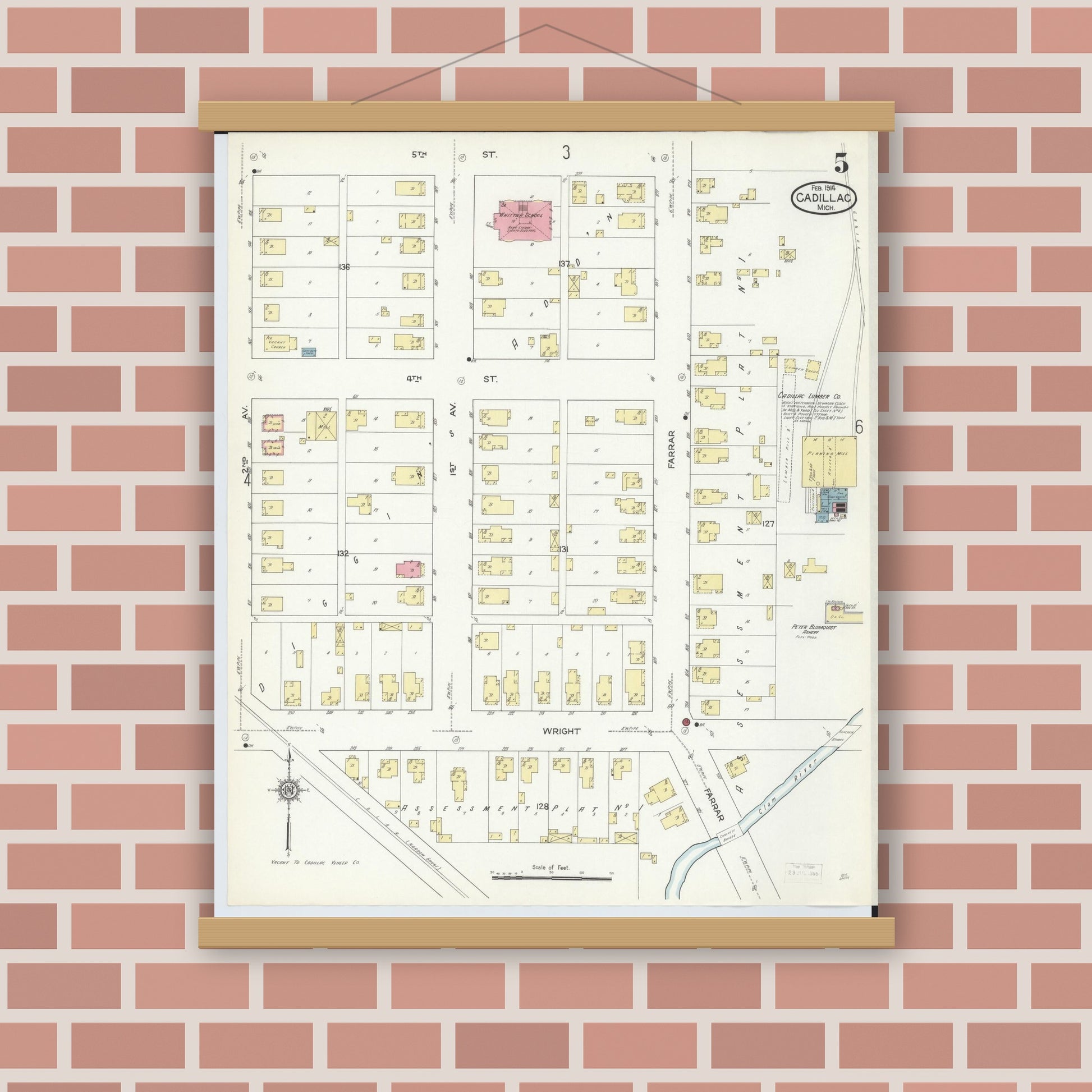 Old map wall art mockup — magnetic wood frame on brick wall — Sanborn Fire Insurance Map from Cadillac, Wexford County, Michigan (1914), Sheet #0005