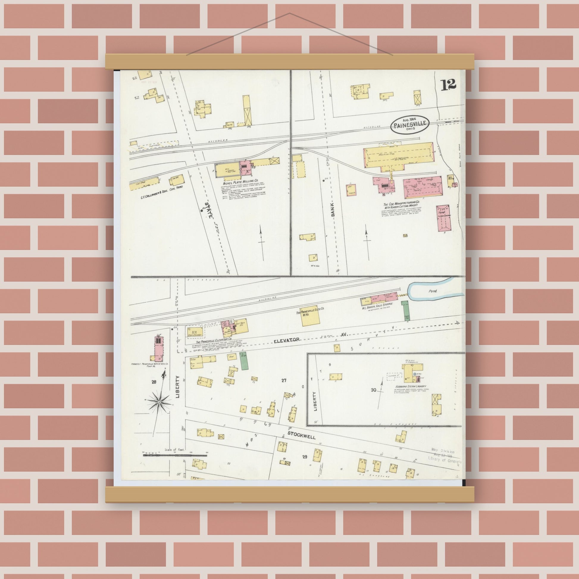 Old map wall art mockup — magnetic wood frame on brick wall — Sanborn Fire Insurance Map from Painesville, Lake County, Ohio (1904), Sheet #0012