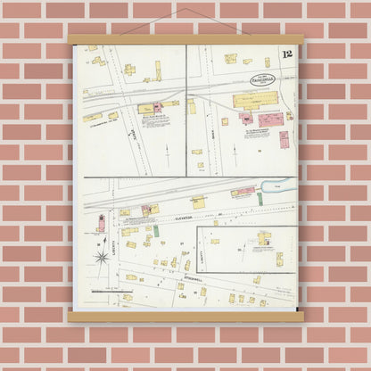 Old map wall art mockup — magnetic wood frame on brick wall — Sanborn Fire Insurance Map from Painesville, Lake County, Ohio (1904), Sheet #0012