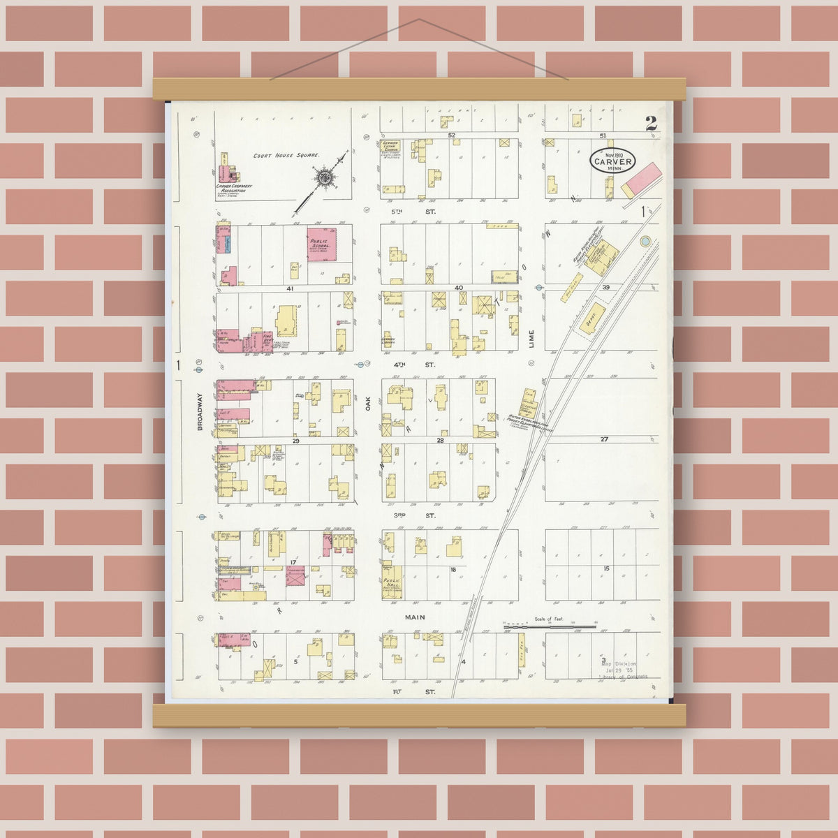 Old map wall art mockup — magnetic wood frame on brick wall — Sanborn Fire Insurance Map from Carver, Carver County, Minnesota (1910), Sheet #0002
