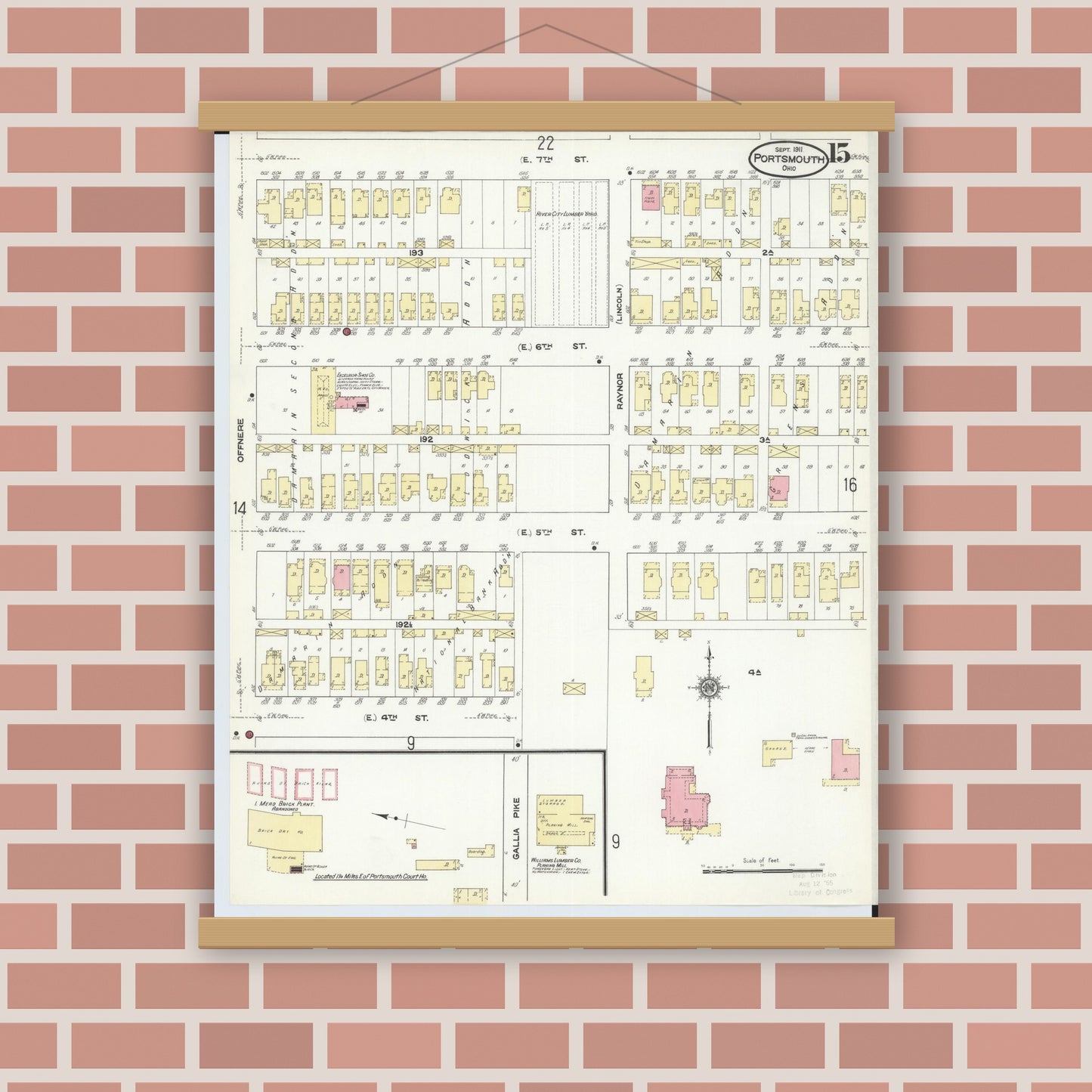 Old map wall art mockup — magnetic wood frame on brick wall — Sanborn Fire Insurance Map from Portsmouth, Scioto County, Ohio (1911), Sheet #0015