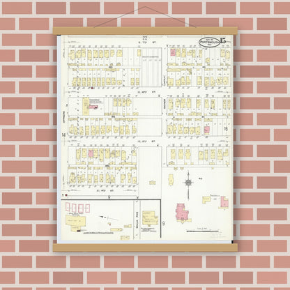 Old map wall art mockup — magnetic wood frame on brick wall — Sanborn Fire Insurance Map from Portsmouth, Scioto County, Ohio (1911), Sheet #0015