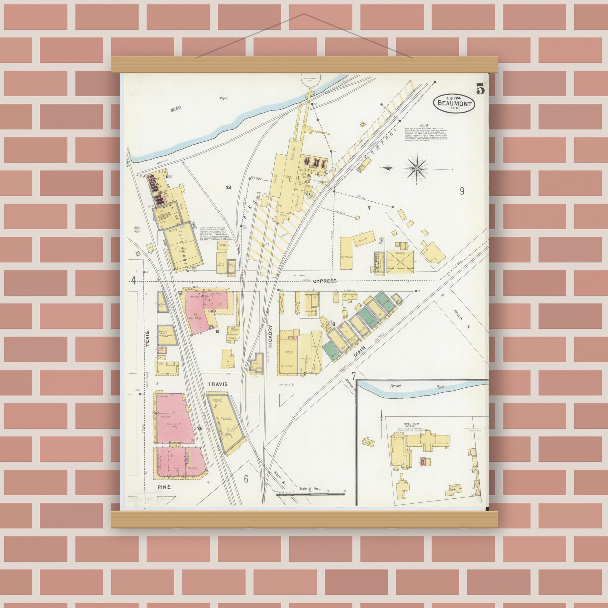 Old map wall art mockup — magnetic wood frame on brick wall — Sanborn Fire Insurance Map from Beaumont, Jefferson County, Texas (1904), Sheet #0005
