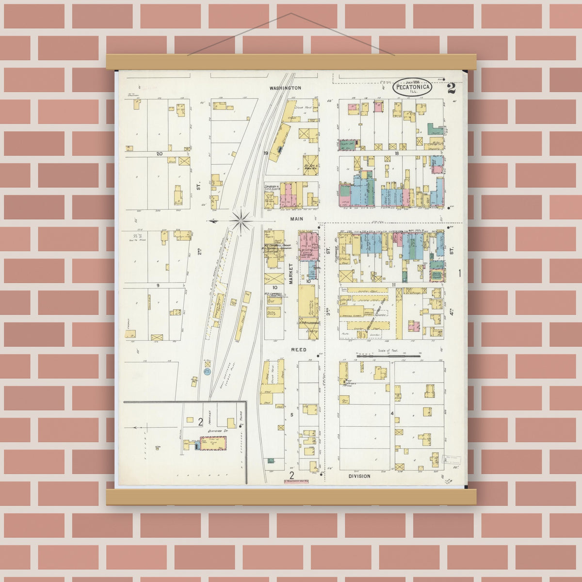 Old map wall art mockup — magnetic wood frame on brick wall — Sanborn Fire Insurance Map from Pecatonica, Winnebago County, Illinois (1898), Sheet #0002