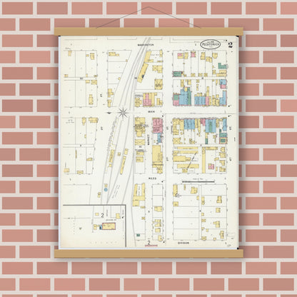 Old map wall art mockup — magnetic wood frame on brick wall — Sanborn Fire Insurance Map from Pecatonica, Winnebago County, Illinois (1898), Sheet #0002
