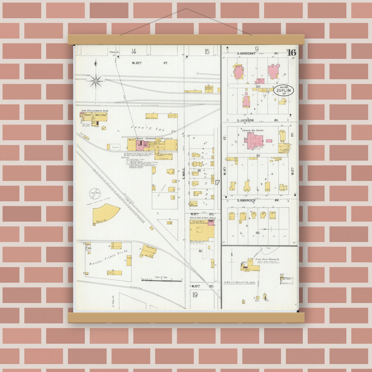 Old map wall art mockup — magnetic wood frame on brick wall — Sanborn Fire Insurance Map from Joplin, Jasper County, Missouri (1900), Sheet #0016