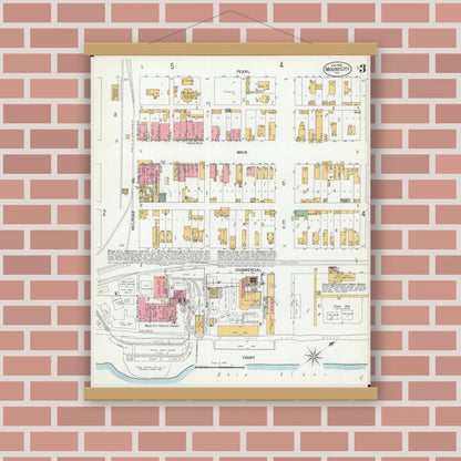 Old map wall art mockup — magnetic wood frame on brick wall — Sanborn Fire Insurance Map from Mound City, Pulaski County, Illinois (1900), Sheet #0003