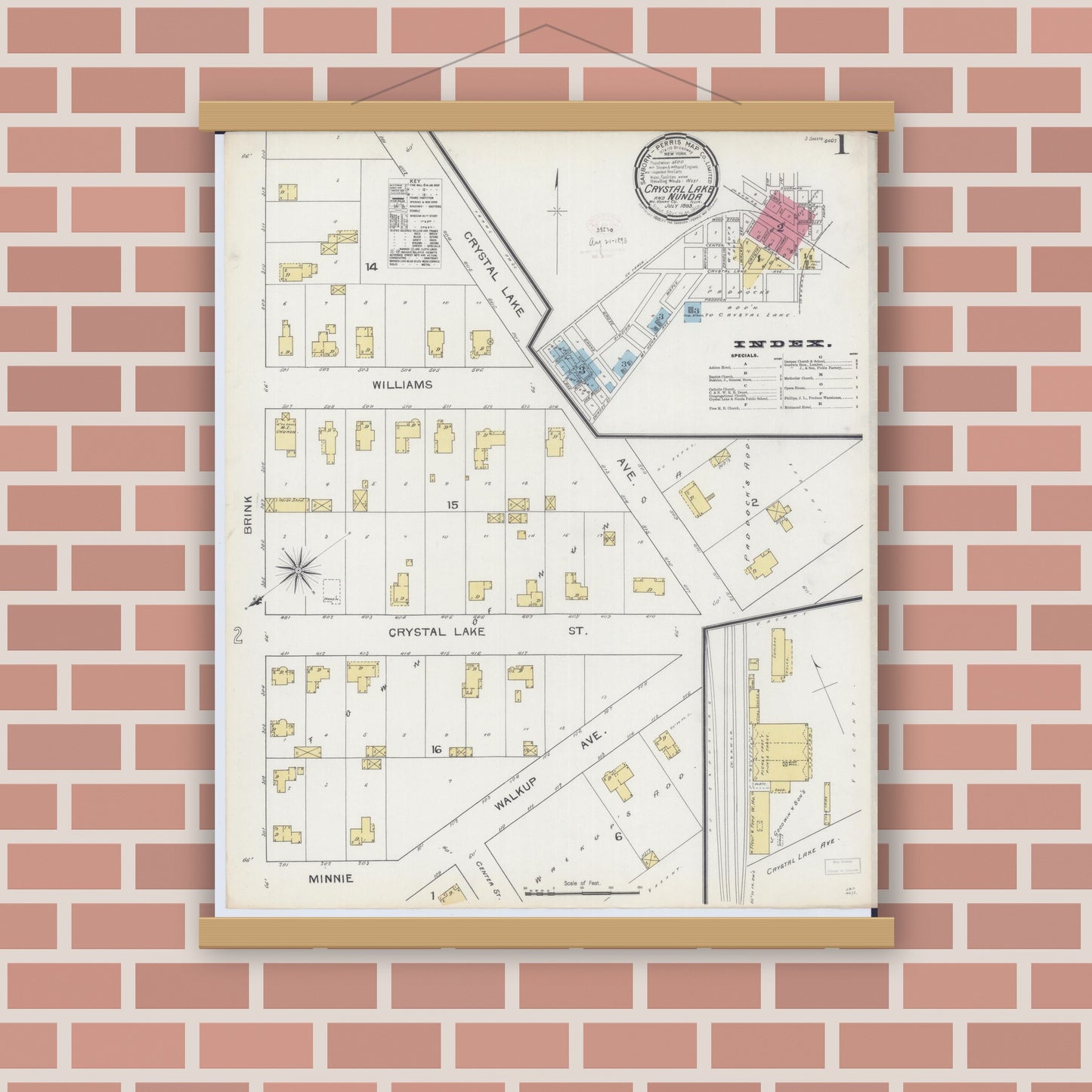 Old map wall art mockup — magnetic wood frame on brick wall — Sanborn Fire Insurance Map from Crystal Lake, McHenry County, Illinois (1893), Sheet #0001