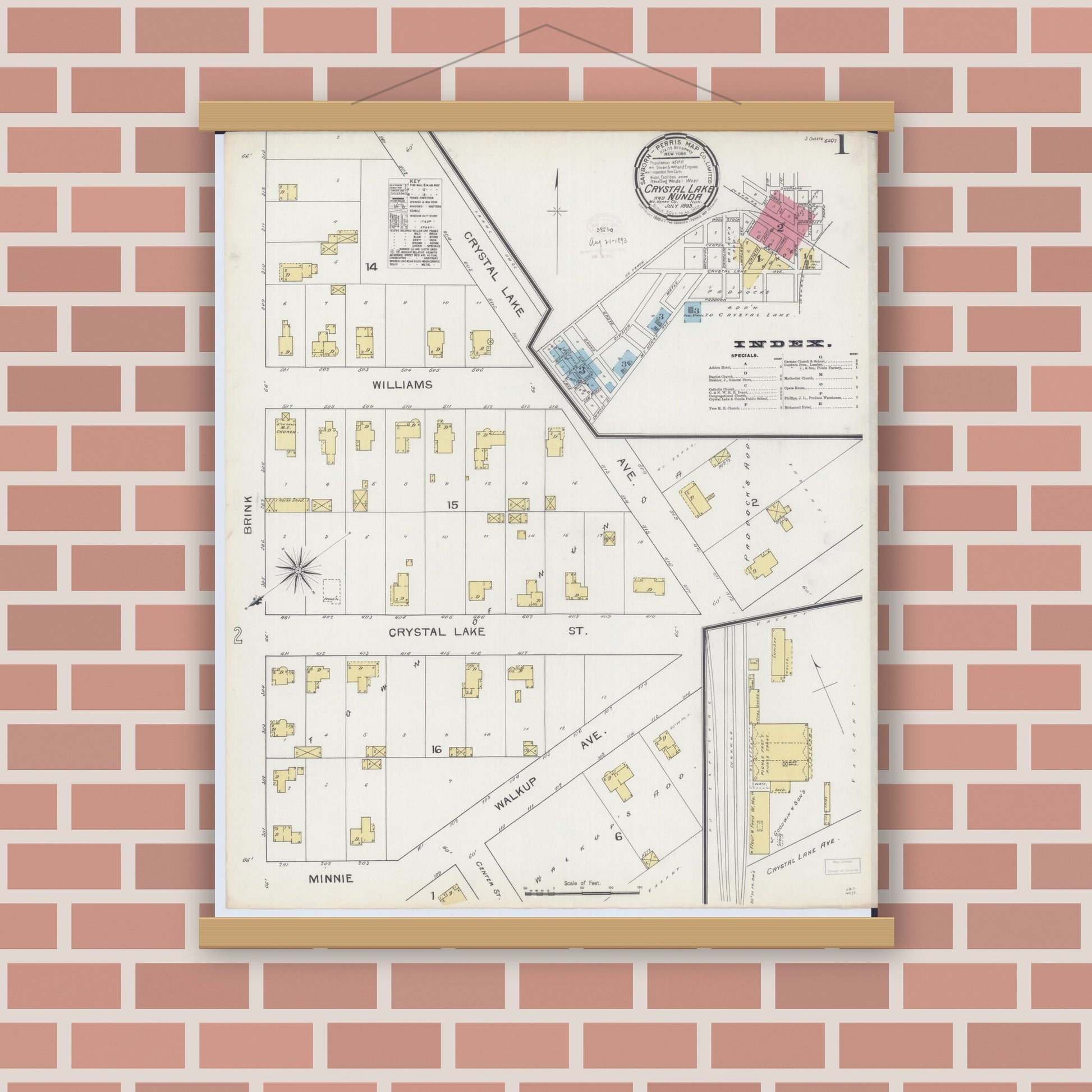 Old map wall art mockup — magnetic wood frame on brick wall — Sanborn Fire Insurance Map from Crystal Lake, McHenry County, Illinois (1893), Sheet #0001