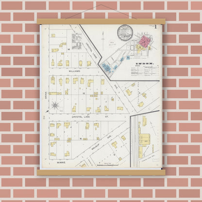 Old map wall art mockup — magnetic wood frame on brick wall — Sanborn Fire Insurance Map from Crystal Lake, McHenry County, Illinois (1893), Sheet #0001