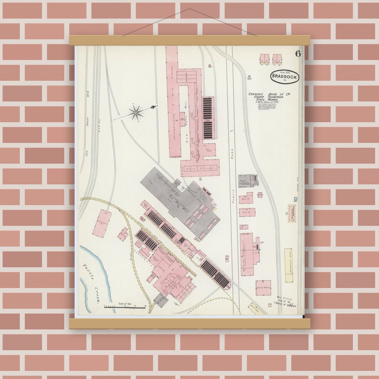 Old map wall art mockup — magnetic wood frame on brick wall — Sanborn Fire Insurance Map from Braddock, Allegheny County, Pennsylvania (1891), Sheet #0006