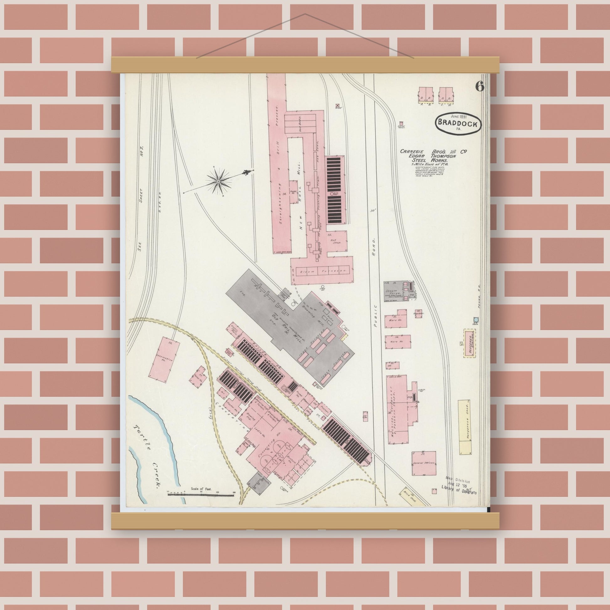 Old map wall art mockup — magnetic wood frame on brick wall — Sanborn Fire Insurance Map from Braddock, Allegheny County, Pennsylvania (1891), Sheet #0006