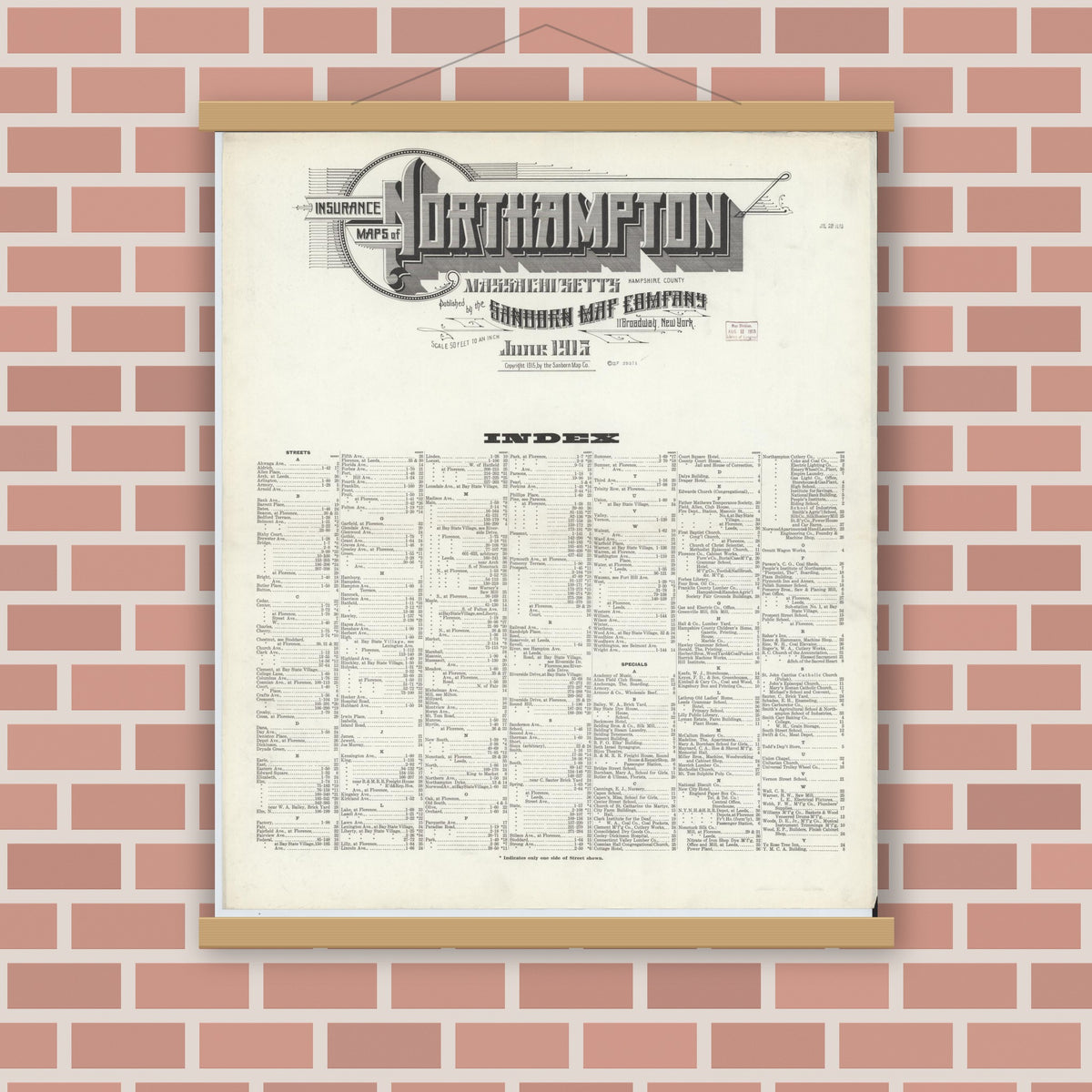 Old map wall art mockup — magnetic wood frame on brick wall — Sanborn Fire Insurance Map from Northampton, Hampshire County, Massachusetts (1915), Sheet #0001