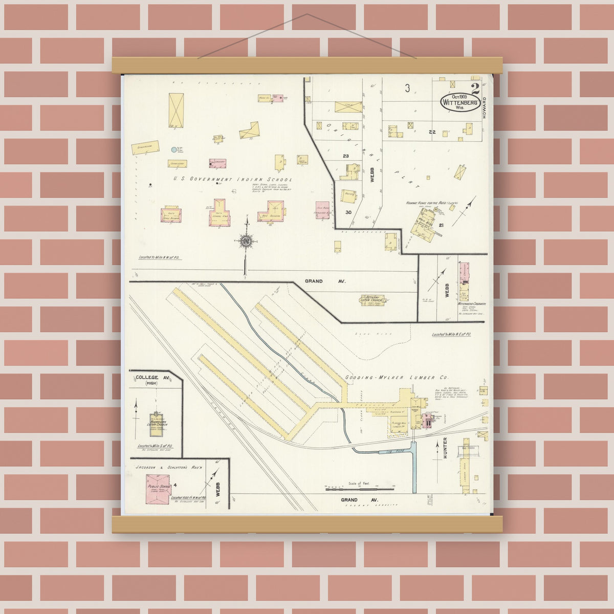 Old map wall art mockup — magnetic wood frame on brick wall — Sanborn Fire Insurance Map from Wittenberg, Shawano County, Wisconsin (1909), Sheet #0002