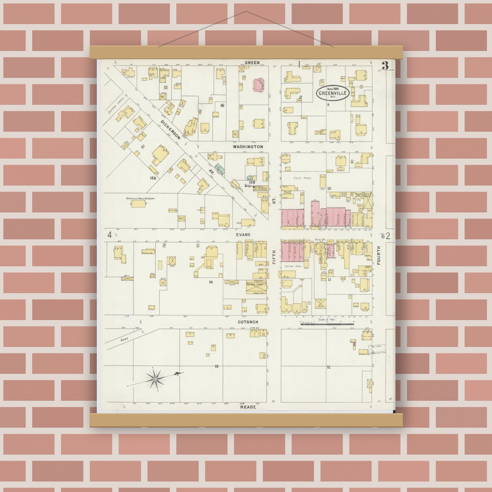 Old map wall art mockup — magnetic wood frame on brick wall — Sanborn Fire Insurance Map from Greenville, Pitt County, North Carolina (1898), Sheet #0003
