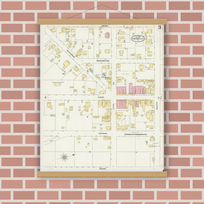 Old map wall art mockup — magnetic wood frame on brick wall — Sanborn Fire Insurance Map from Greenville, Pitt County, North Carolina (1898), Sheet #0003