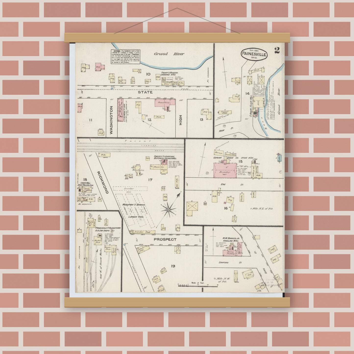 Old map wall art mockup — magnetic wood frame on brick wall — Sanborn Fire Insurance Map from Painesville, Lake County, Ohio (1884), Sheet #0002