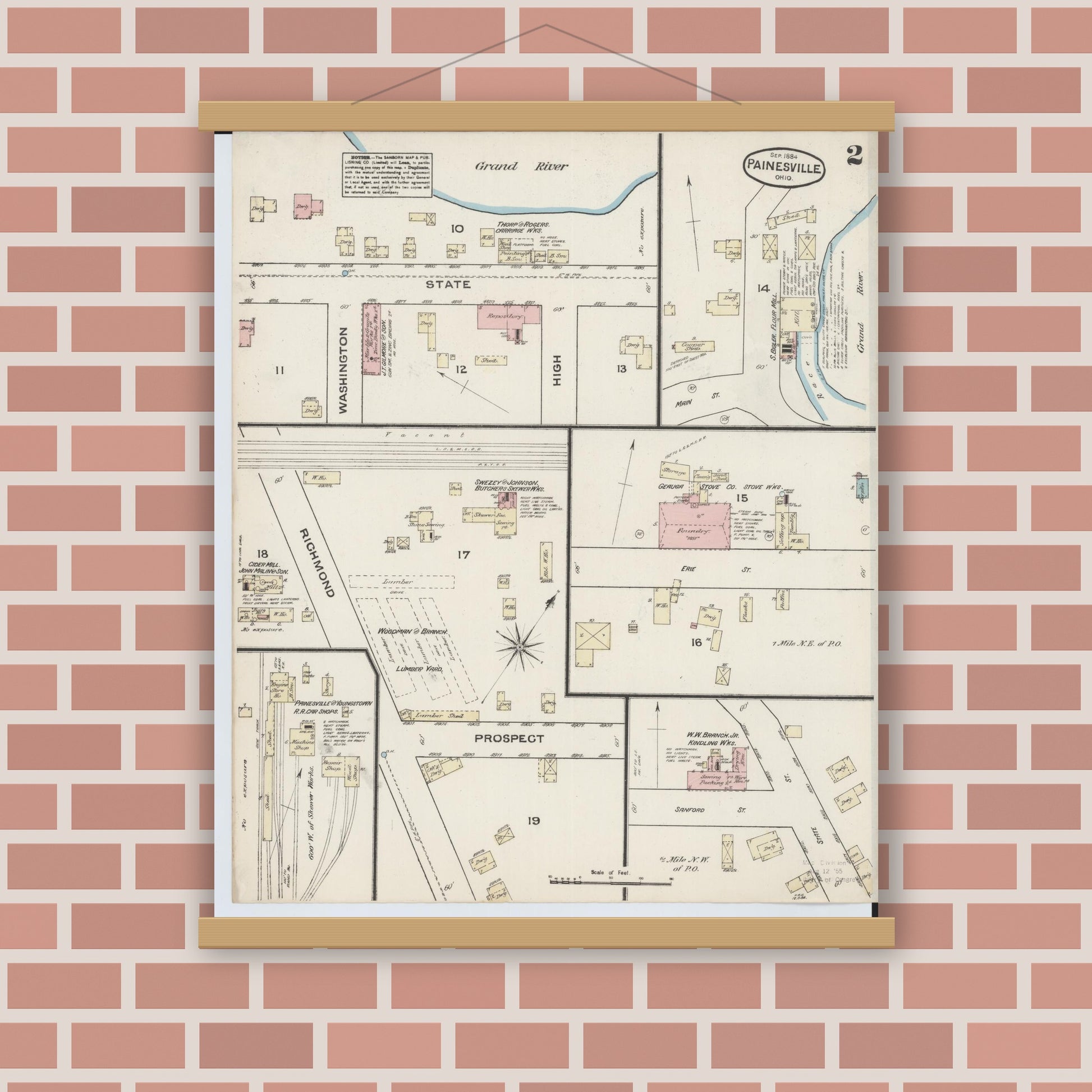 Old map wall art mockup — magnetic wood frame on brick wall — Sanborn Fire Insurance Map from Painesville, Lake County, Ohio (1884), Sheet #0002
