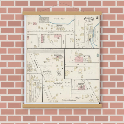 Old map wall art mockup — magnetic wood frame on brick wall — Sanborn Fire Insurance Map from Painesville, Lake County, Ohio (1884), Sheet #0002