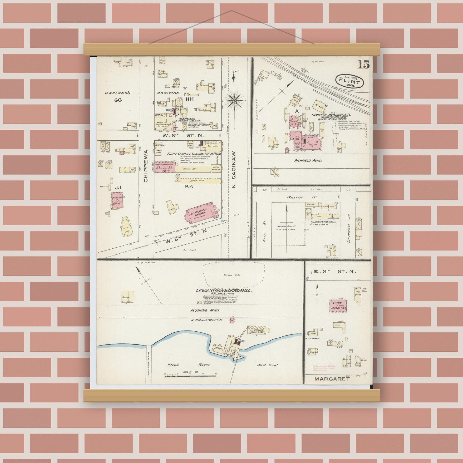 Old map wall art mockup — magnetic wood frame on brick wall — Sanborn Fire Insurance Map from Flint, Genesee County, Michigan (1886), Sheet #0015
