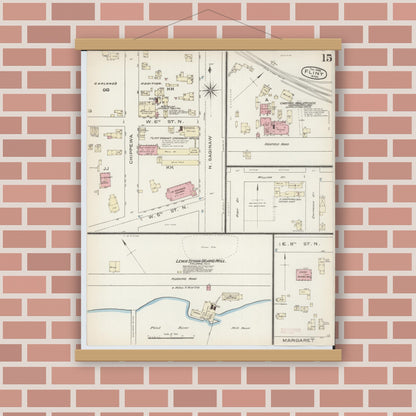 Old map wall art mockup — magnetic wood frame on brick wall — Sanborn Fire Insurance Map from Flint, Genesee County, Michigan (1886), Sheet #0015