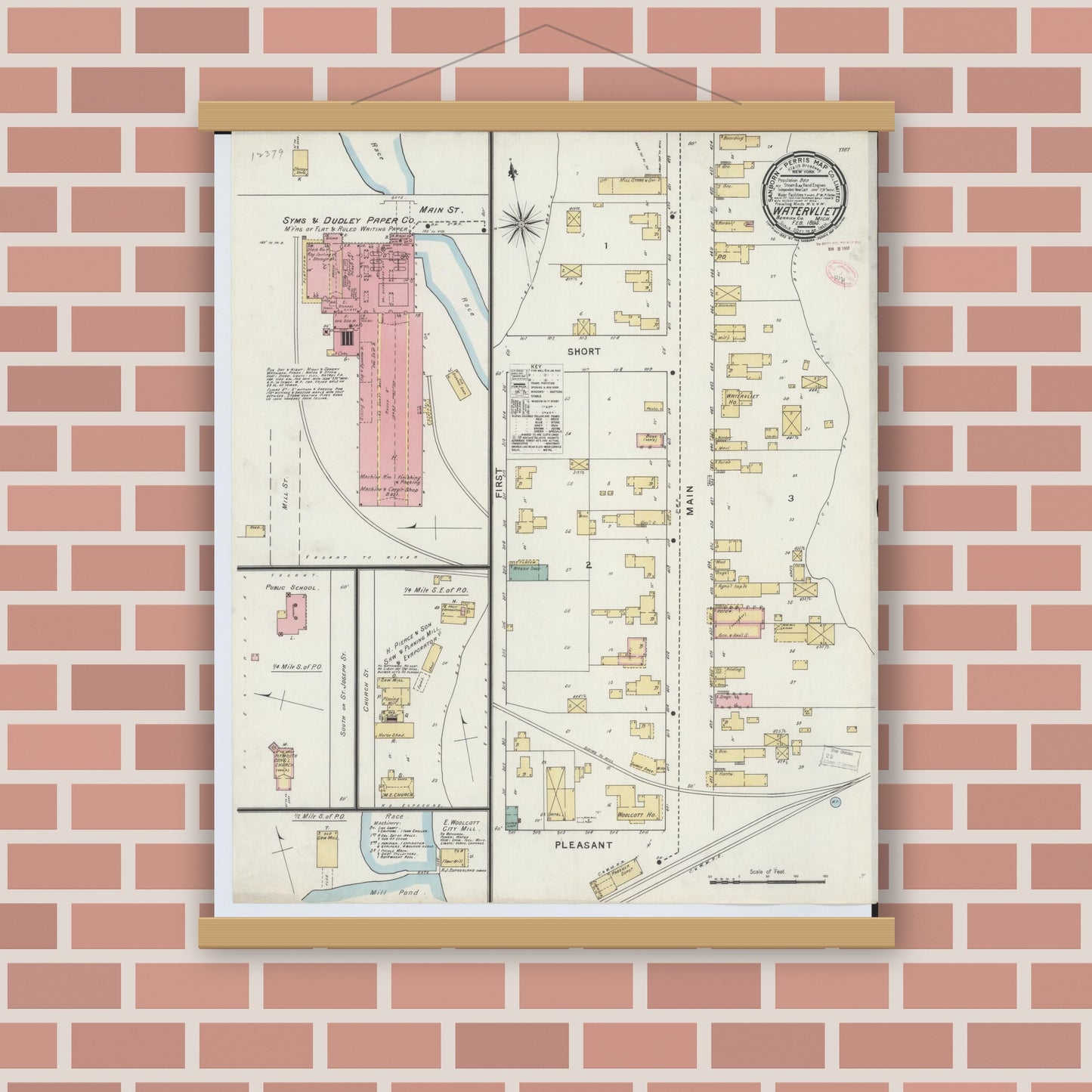 Old map wall art mockup — magnetic wood frame on brick wall — Sanborn Fire Insurance Map from Watervliet, Berrien County, Michigan (1895), Sheet #0001