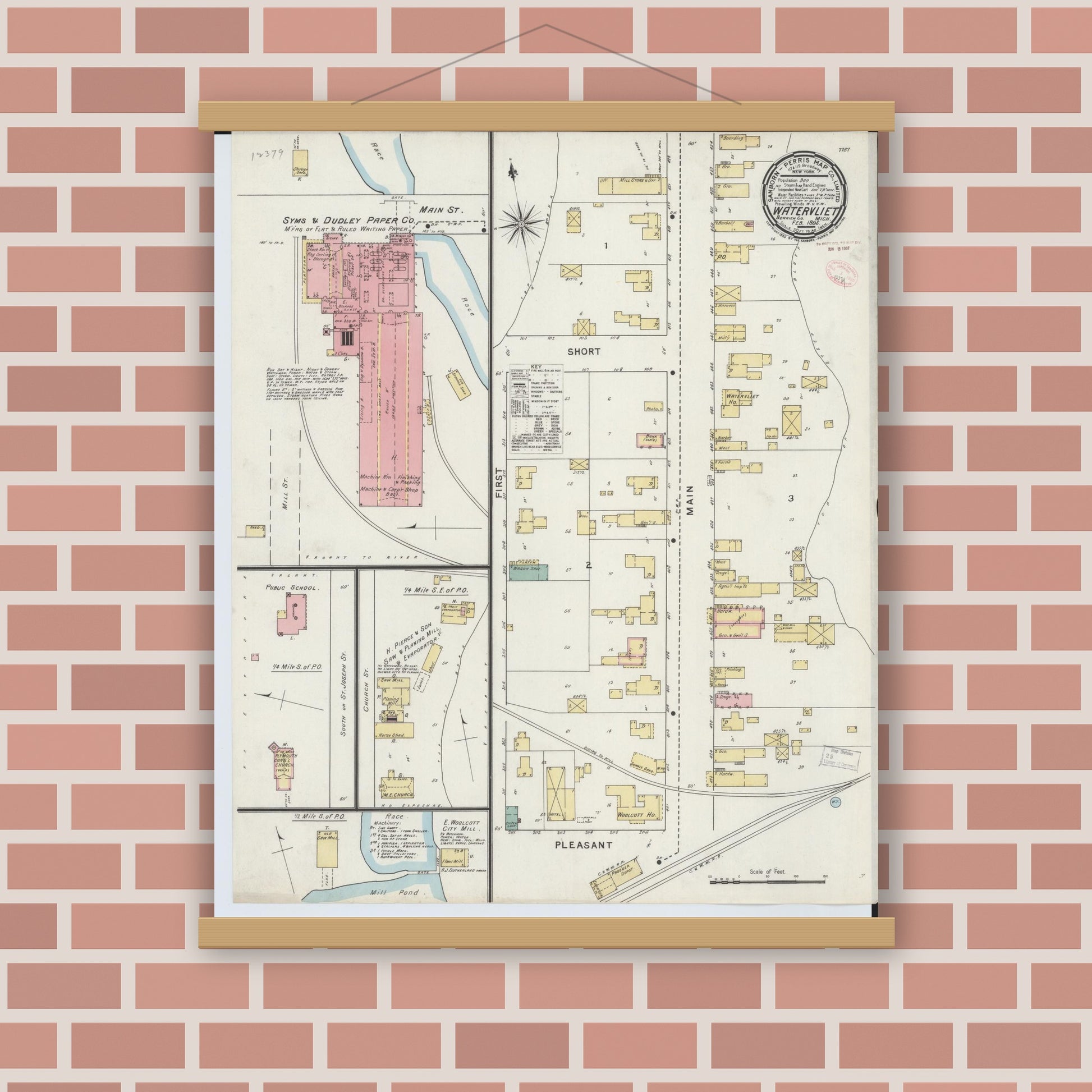 Old map wall art mockup — magnetic wood frame on brick wall — Sanborn Fire Insurance Map from Watervliet, Berrien County, Michigan (1895), Sheet #0001
