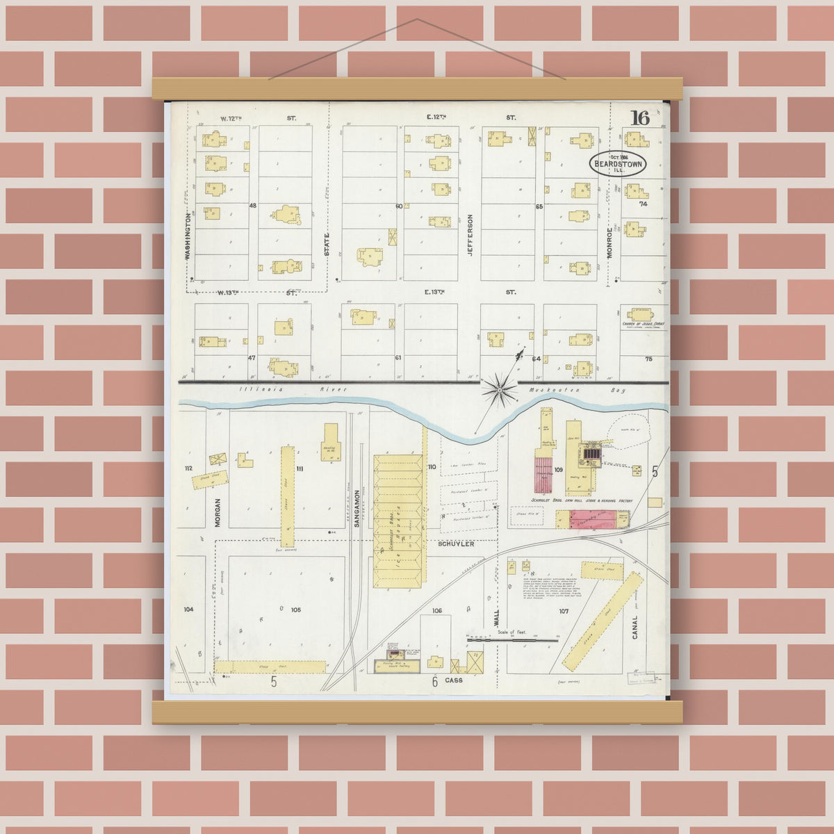 Old map wall art mockup — magnetic wood frame on brick wall — Sanborn Fire Insurance Map from Beardstown, Cass County, Illinois (1906), Sheet #0016