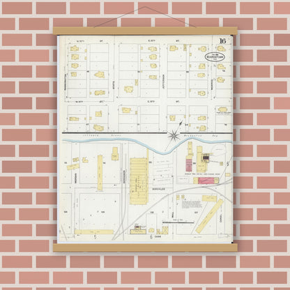 Old map wall art mockup — magnetic wood frame on brick wall — Sanborn Fire Insurance Map from Beardstown, Cass County, Illinois (1906), Sheet #0016