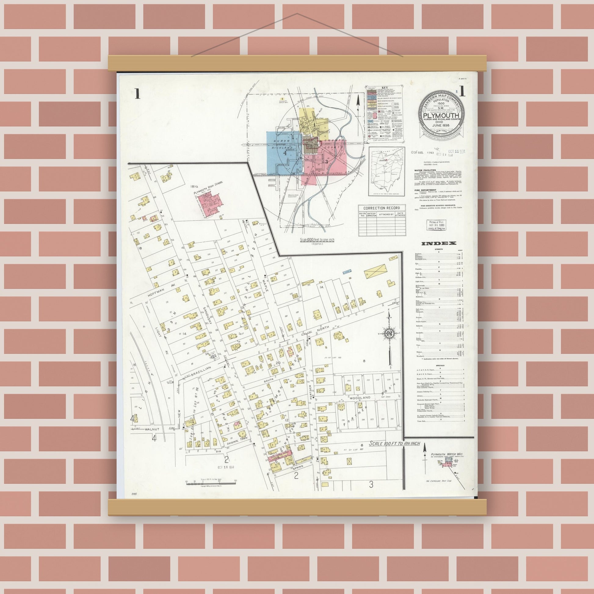 Old map wall art mockup — magnetic wood frame on brick wall — Sanborn Fire Insurance Map from Plymouth, Huron And Richland Counties, Ohio (1938), Sheet #0001
