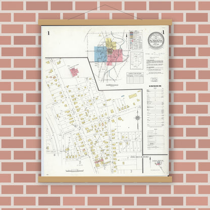 Old map wall art mockup — magnetic wood frame on brick wall — Sanborn Fire Insurance Map from Plymouth, Huron And Richland Counties, Ohio (1938), Sheet #0001