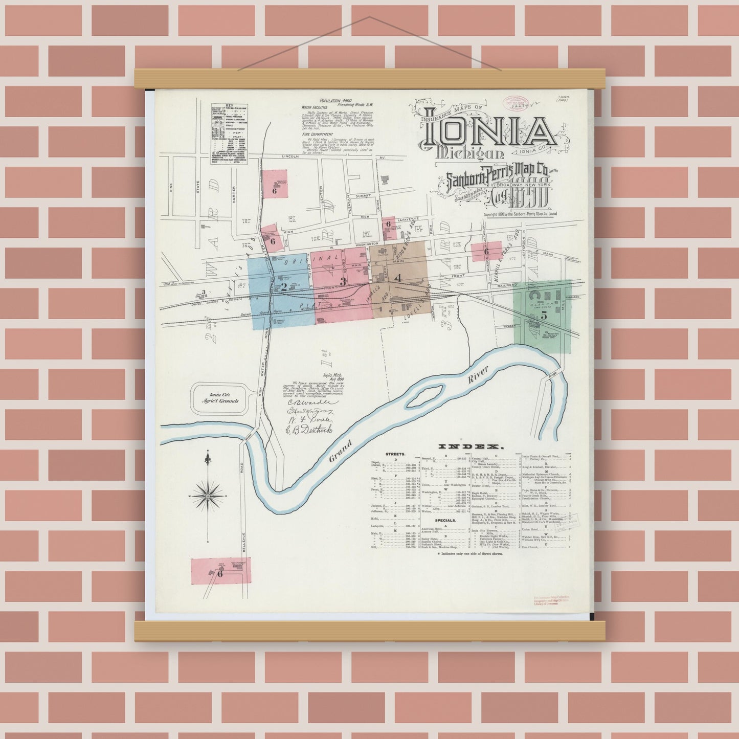 Old map wall art mockup — magnetic wood frame on brick wall — Sanborn Fire Insurance Map from Ionia, Ionia County, Michigan (1890), Sheet #0001