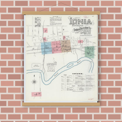 Old map wall art mockup — magnetic wood frame on brick wall — Sanborn Fire Insurance Map from Ionia, Ionia County, Michigan (1890), Sheet #0001