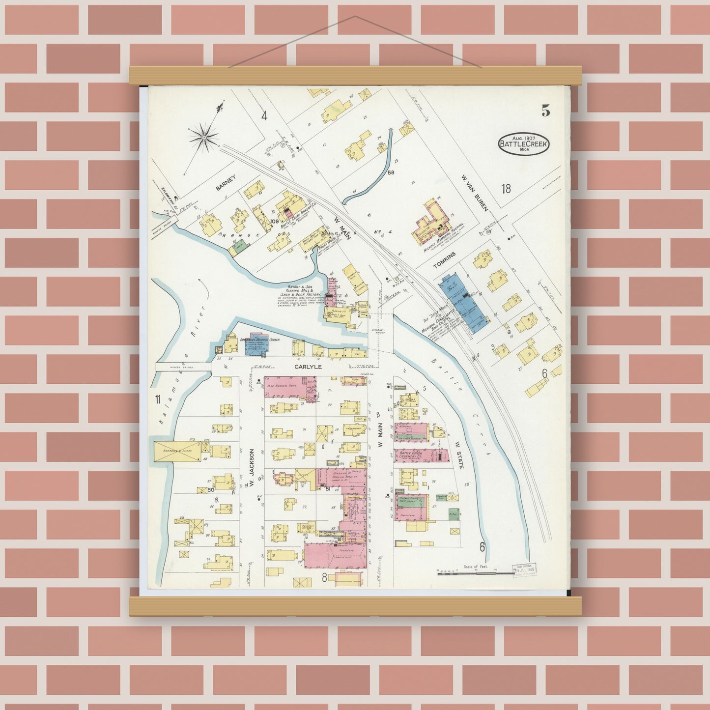 Old map wall art mockup — magnetic wood frame on brick wall — Sanborn Fire Insurance Map from Battle Creek, Calhoun County, Michigan (1907), Sheet #0005