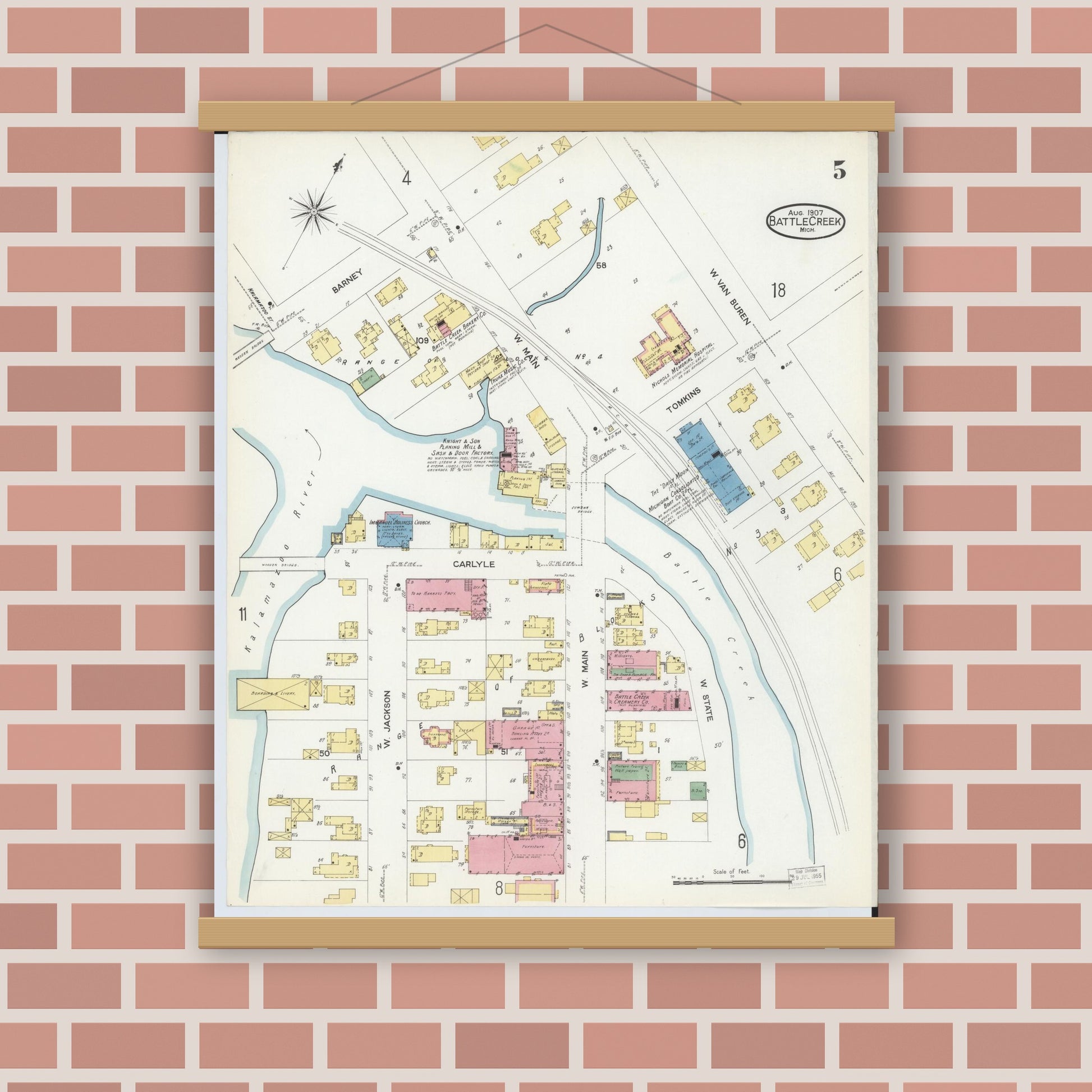 Old map wall art mockup — magnetic wood frame on brick wall — Sanborn Fire Insurance Map from Battle Creek, Calhoun County, Michigan (1907), Sheet #0005