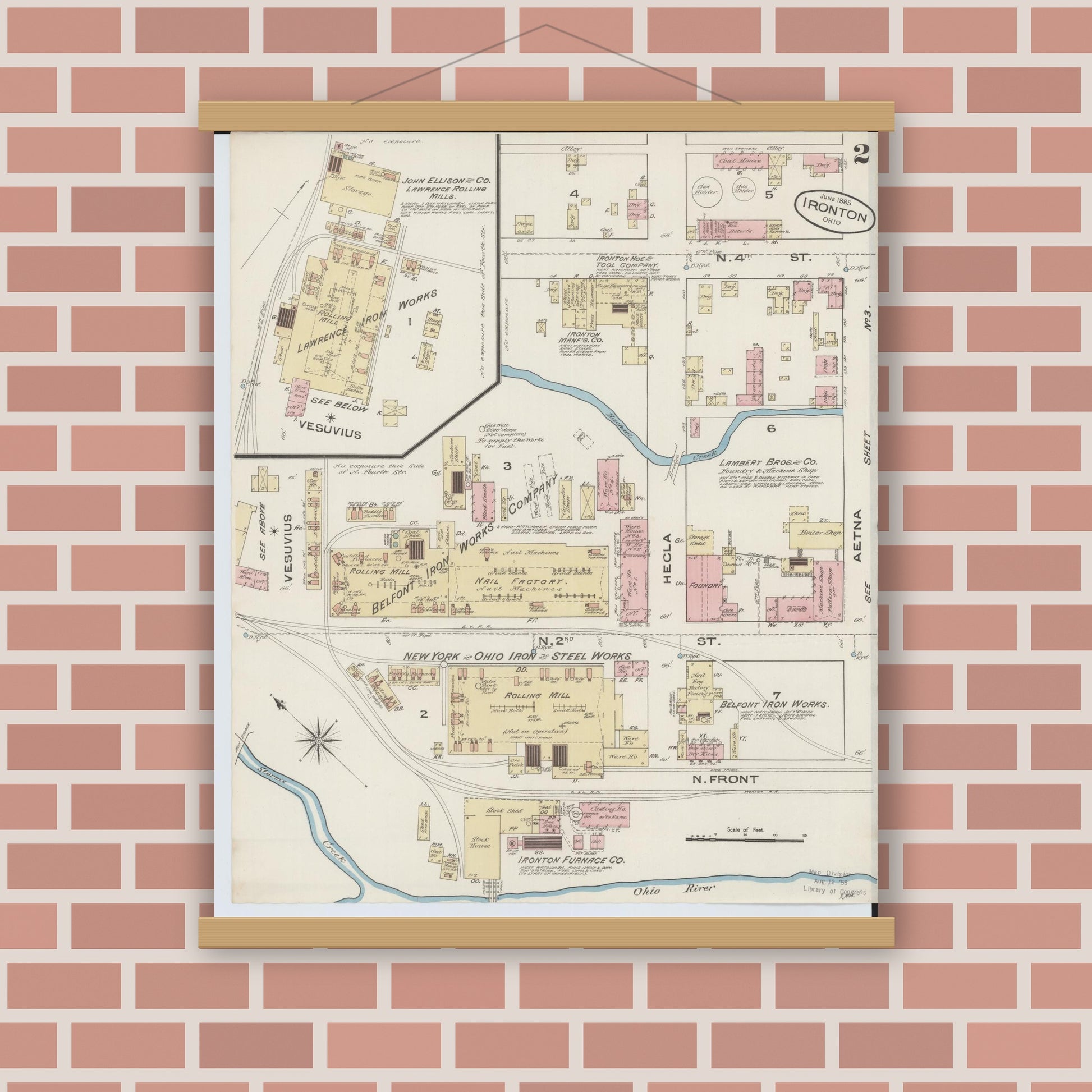 Old map wall art mockup — magnetic wood frame on brick wall — Sanborn Fire Insurance Map from Ironton, Lawrence County, Ohio (1885), Sheet #0002