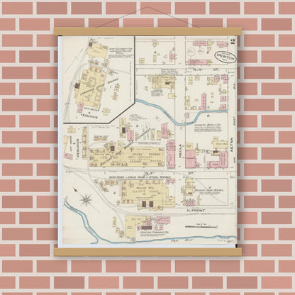 Old map wall art mockup — magnetic wood frame on brick wall — Sanborn Fire Insurance Map from Ironton, Lawrence County, Ohio (1885), Sheet #0002