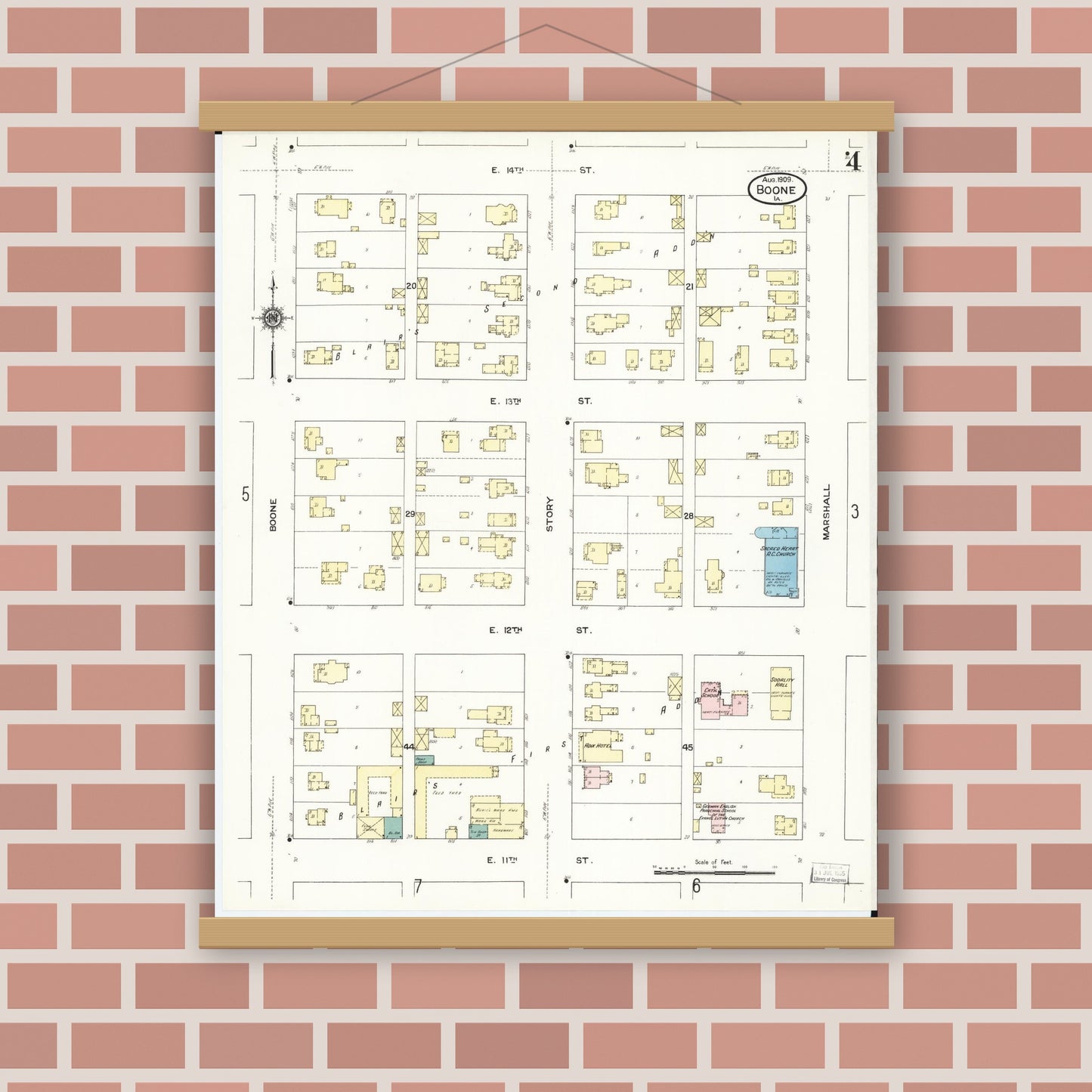 Old map wall art mockup — magnetic wood frame on brick wall — Sanborn Fire Insurance Map from Boone, Boone County, Iowa (1909), Sheet #0004