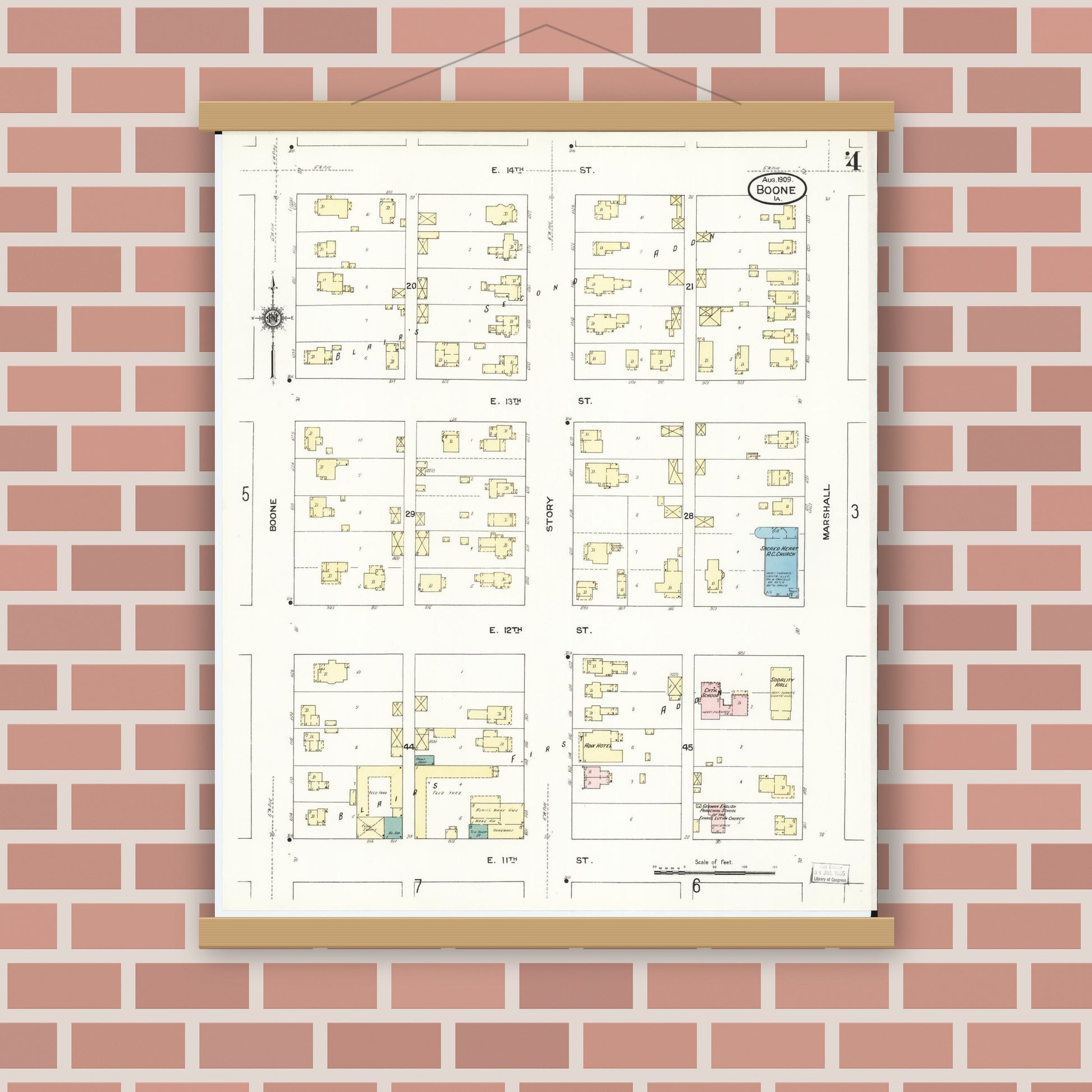 Old map wall art mockup — magnetic wood frame on brick wall — Sanborn Fire Insurance Map from Boone, Boone County, Iowa (1909), Sheet #0004