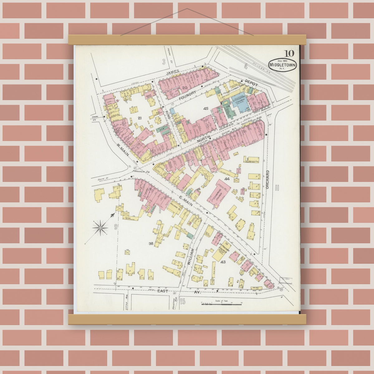 Old map wall art mockup — magnetic wood frame on brick wall — Sanborn Fire Insurance Map from Middletown, Orange County, New York (1892), Sheet #0010