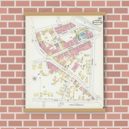 Old map wall art mockup — magnetic wood frame on brick wall — Sanborn Fire Insurance Map from Middletown, Orange County, New York (1892), Sheet #0010