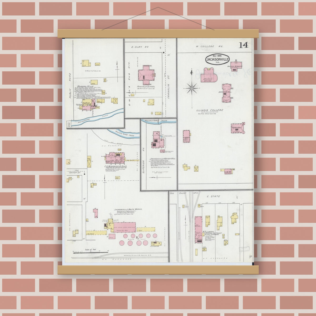 Old map wall art mockup — magnetic wood frame on brick wall — Sanborn Fire Insurance Map from Jacksonville, Morgan County, Illinois (1892), Sheet #0014