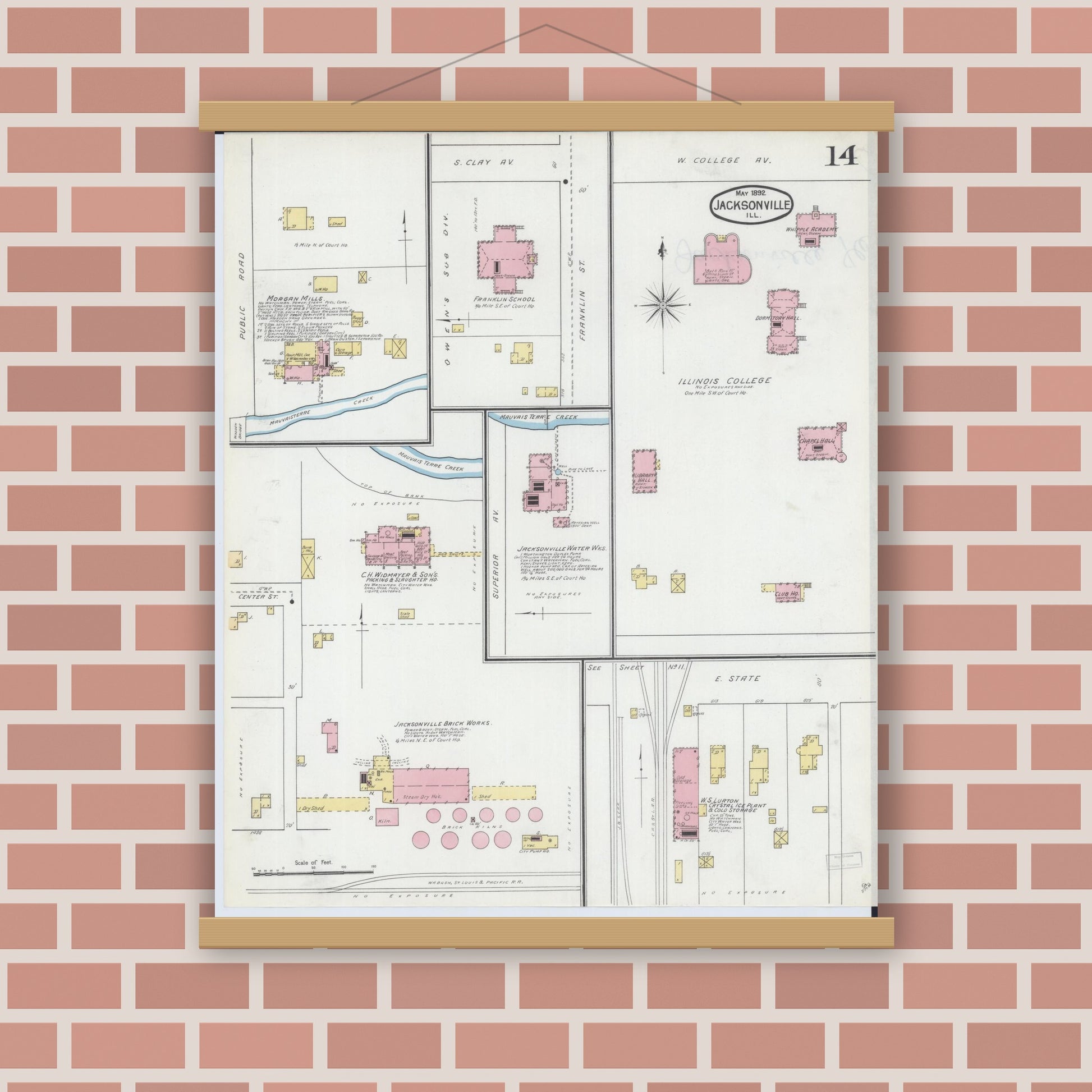 Old map wall art mockup — magnetic wood frame on brick wall — Sanborn Fire Insurance Map from Jacksonville, Morgan County, Illinois (1892), Sheet #0014