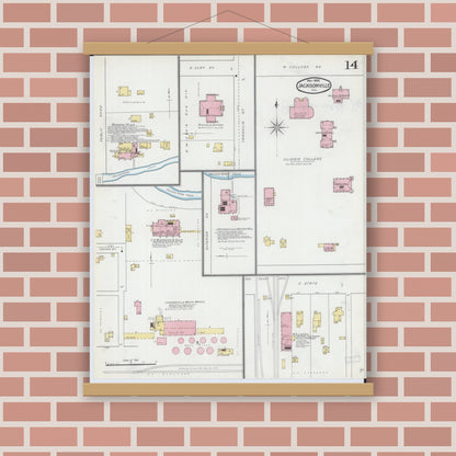 Old map wall art mockup — magnetic wood frame on brick wall — Sanborn Fire Insurance Map from Jacksonville, Morgan County, Illinois (1892), Sheet #0014