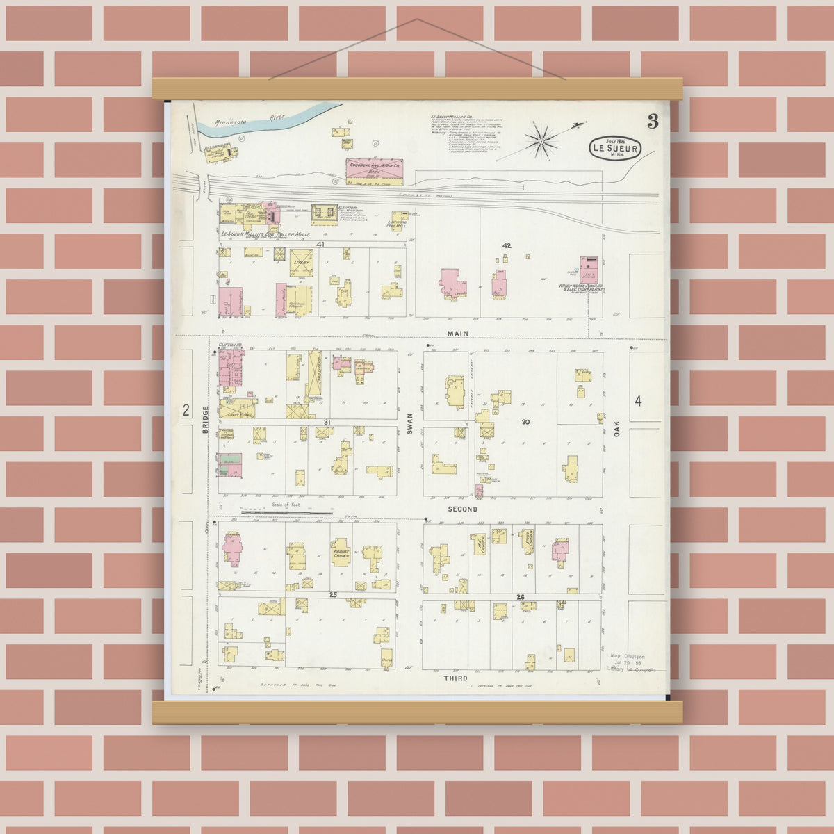 Old map wall art mockup — magnetic wood frame on brick wall — Sanborn Fire Insurance Map from Le Sueur, Le Sueur County, Minnesota (1896), Sheet #0003