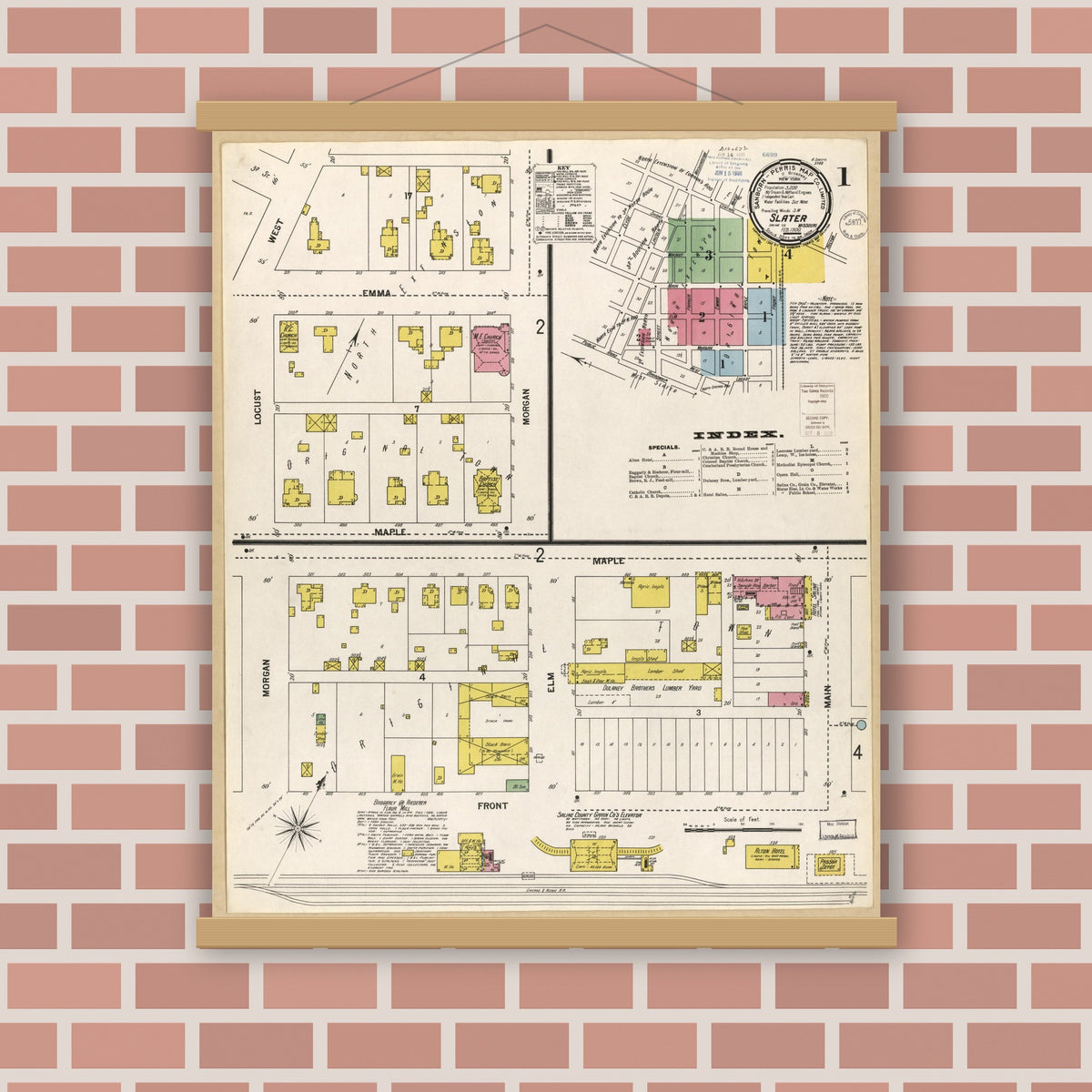 Old map wall art mockup — magnetic wood frame on brick wall — Sanborn Fire Insurance Map from Slater, Saline County, Missouri (1900), Sheet #0001
