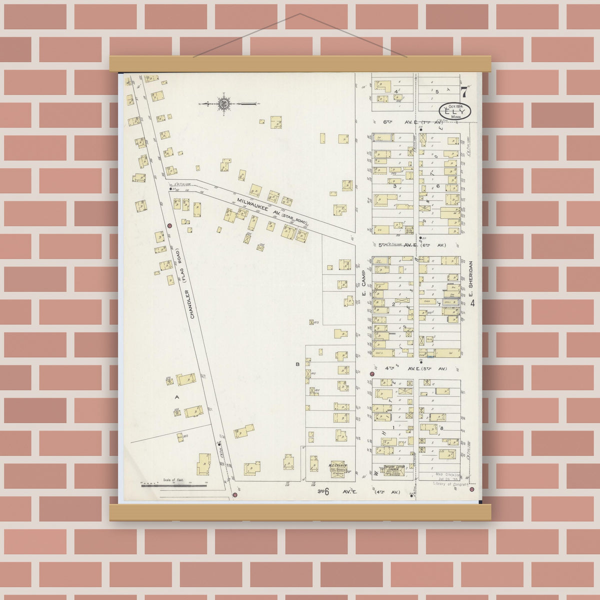 Old map wall art mockup — magnetic wood frame on brick wall — Sanborn Fire Insurance Map from Ely, Saint Louis County, Minnesota (1914), Sheet #0007