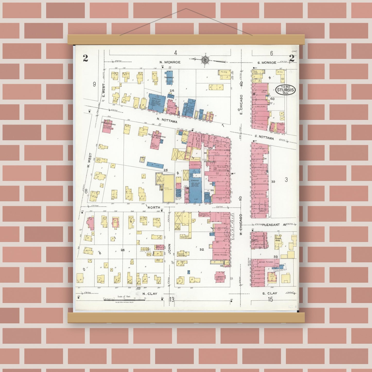 Old map wall art mockup — magnetic wood frame on brick wall — Sanborn Fire Insurance Map from Sturgis, Saint Joseph County, Michigan (1923), Sheet #0002
