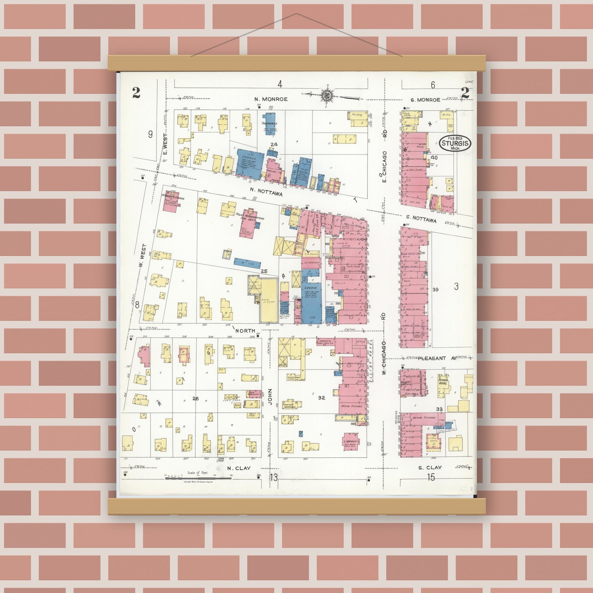 Old map wall art mockup — magnetic wood frame on brick wall — Sanborn Fire Insurance Map from Sturgis, Saint Joseph County, Michigan (1923), Sheet #0002